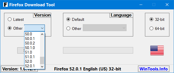 Firefox Download Tool interface for downloading browser versions